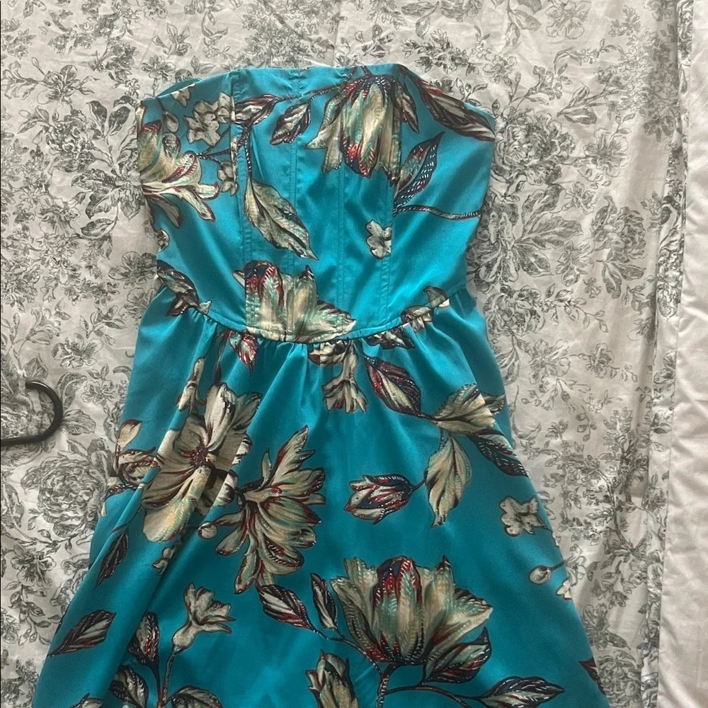 Strapless Floral Satin Dress in Teal